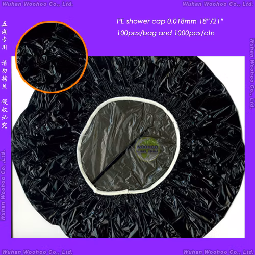 Transparent imperméable Poly/HDPE/LDPE/clair/Mob/Mop/plastique PE jetables bonnet de douche pour hôtel/voyage/baignoire de bain avec plis/sertis/bande/clip/formes à rayures