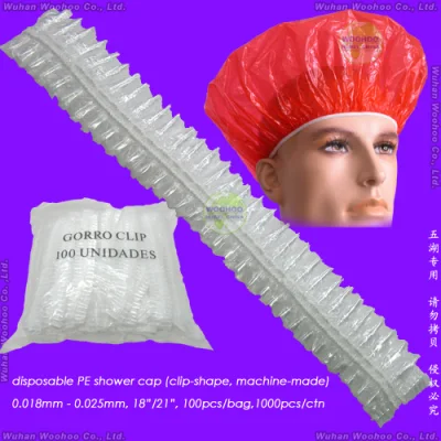 Transparent imperméable Poly/PEHD/LDPE/plastique/clair/Mob/Mop bonnet de douche jetables en PE pour hôtel/voyage/bain de bain avec plis/sertis/bande/clip/formes à rayures